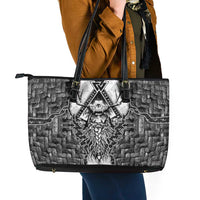 Odin and Skull Warrior Norse Mythology Leather Tote Bag Viking Black and White Engraved Stone Art