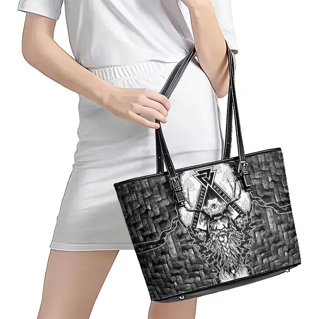 Odin and Skull Warrior Norse Mythology Leather Tote Bag Viking Black and White Engraved Stone Art