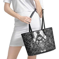 Odin and Skull Warrior Norse Mythology Leather Tote Bag Viking Black and White Engraved Stone Art