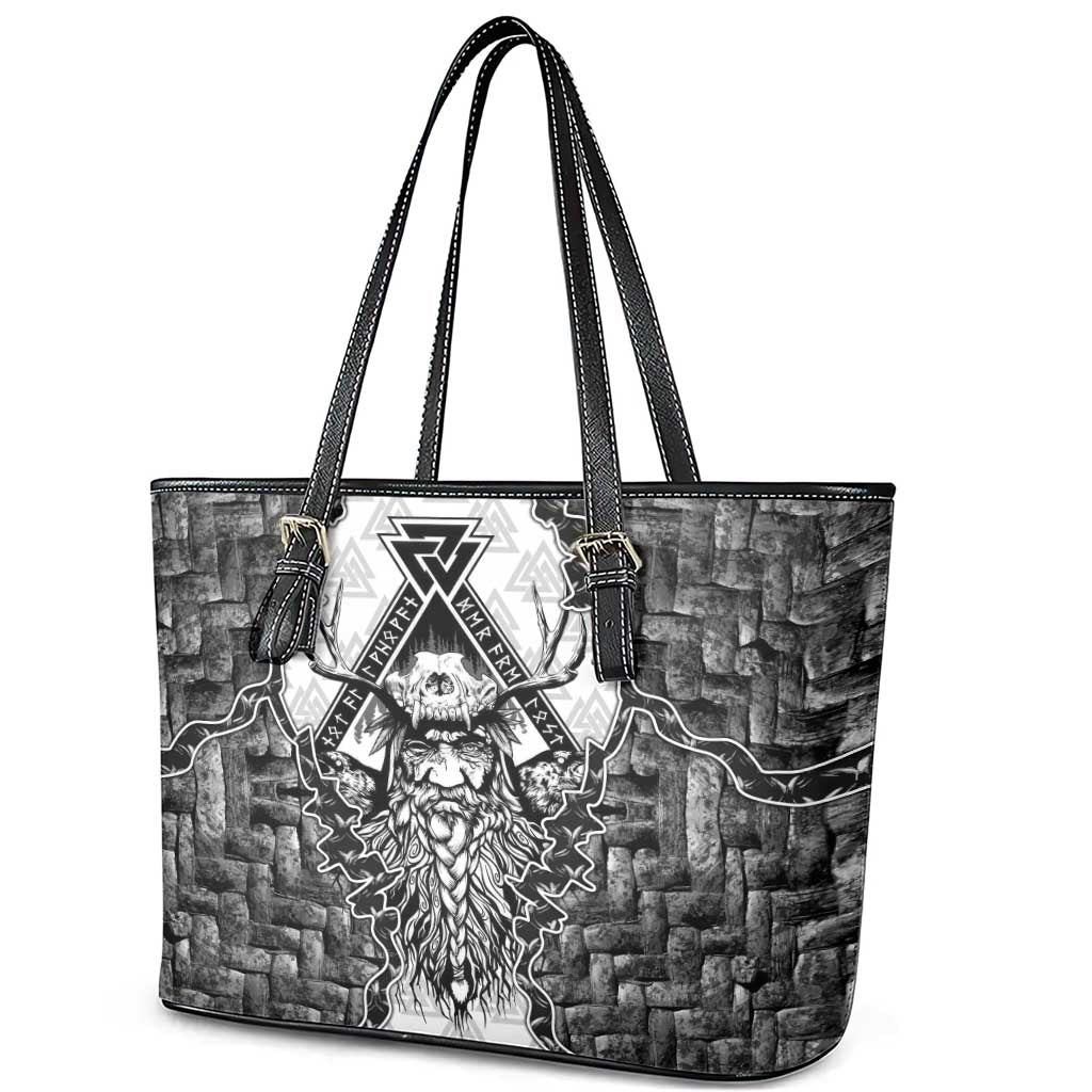 Odin and Skull Warrior Norse Mythology Leather Tote Bag Viking Black and White Engraved Stone Art