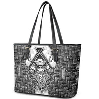 Odin and Skull Warrior Norse Mythology Leather Tote Bag Viking Black and White Engraved Stone Art