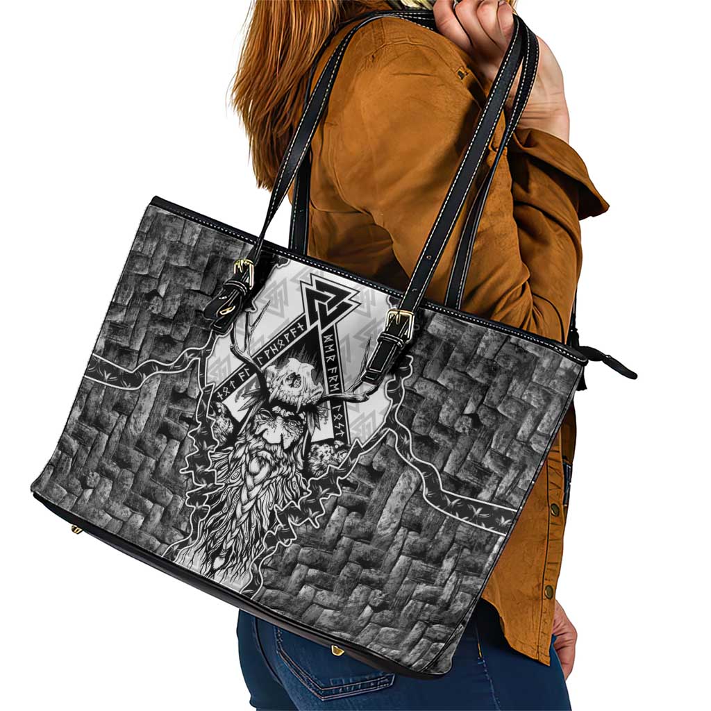 Odin and Skull Warrior Norse Mythology Leather Tote Bag Viking Black and White Engraved Stone Art