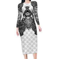 Odin and Skull Warrior Norse Mythology Long Sleeve Bodycon Dress Viking Black and White Engraved Stone Art