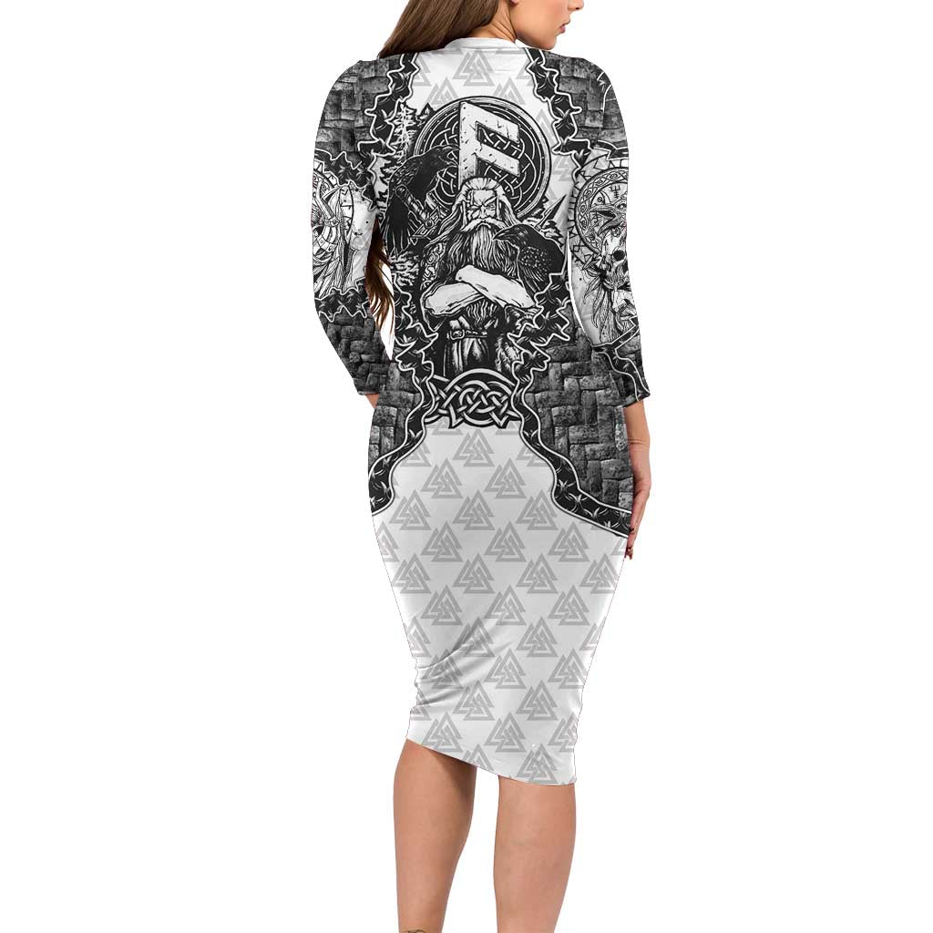 Odin and Skull Warrior Norse Mythology Long Sleeve Bodycon Dress Viking Black and White Engraved Stone Art