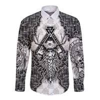 Odin and Skull Warrior Norse Mythology Long Sleeve Button Shirt Viking Black and White Engraved Stone Art