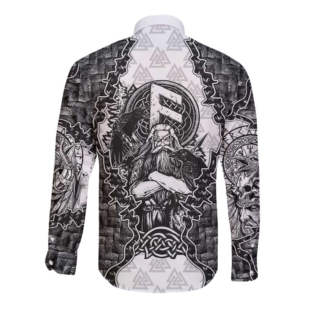 Odin and Skull Warrior Norse Mythology Long Sleeve Button Shirt Viking Black and White Engraved Stone Art