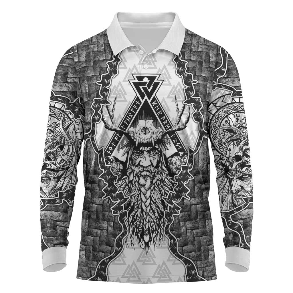 Odin and Skull Warrior Norse Mythology Long Sleeve Polo Shirt Viking Black and White Engraved Stone Art