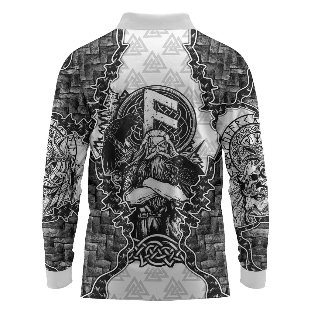 Odin and Skull Warrior Norse Mythology Long Sleeve Polo Shirt Viking Black and White Engraved Stone Art