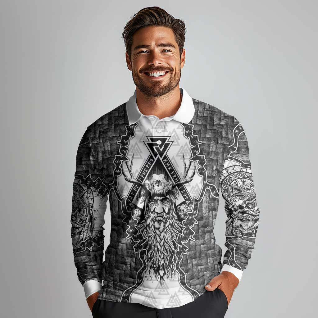 Odin and Skull Warrior Norse Mythology Long Sleeve Polo Shirt Viking Black and White Engraved Stone Art