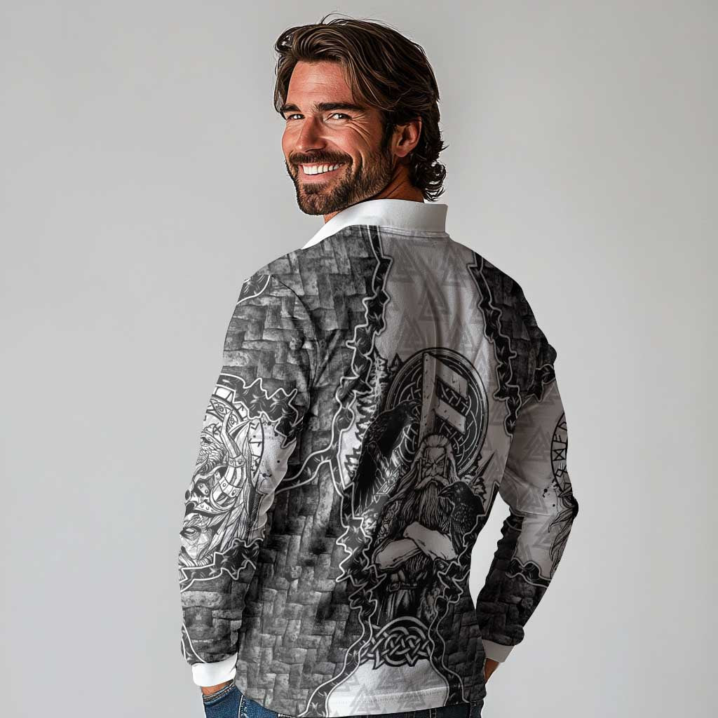 Odin and Skull Warrior Norse Mythology Long Sleeve Polo Shirt Viking Black and White Engraved Stone Art