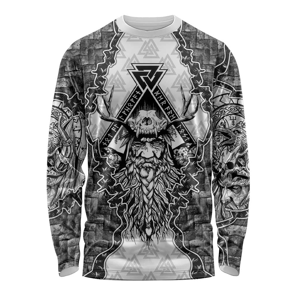 Odin and Skull Warrior Norse Mythology Long Sleeve Shirt Viking Black and White Engraved Stone Art