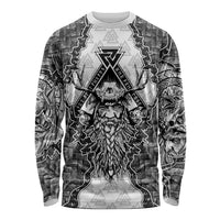 Odin and Skull Warrior Norse Mythology Long Sleeve Shirt Viking Black and White Engraved Stone Art