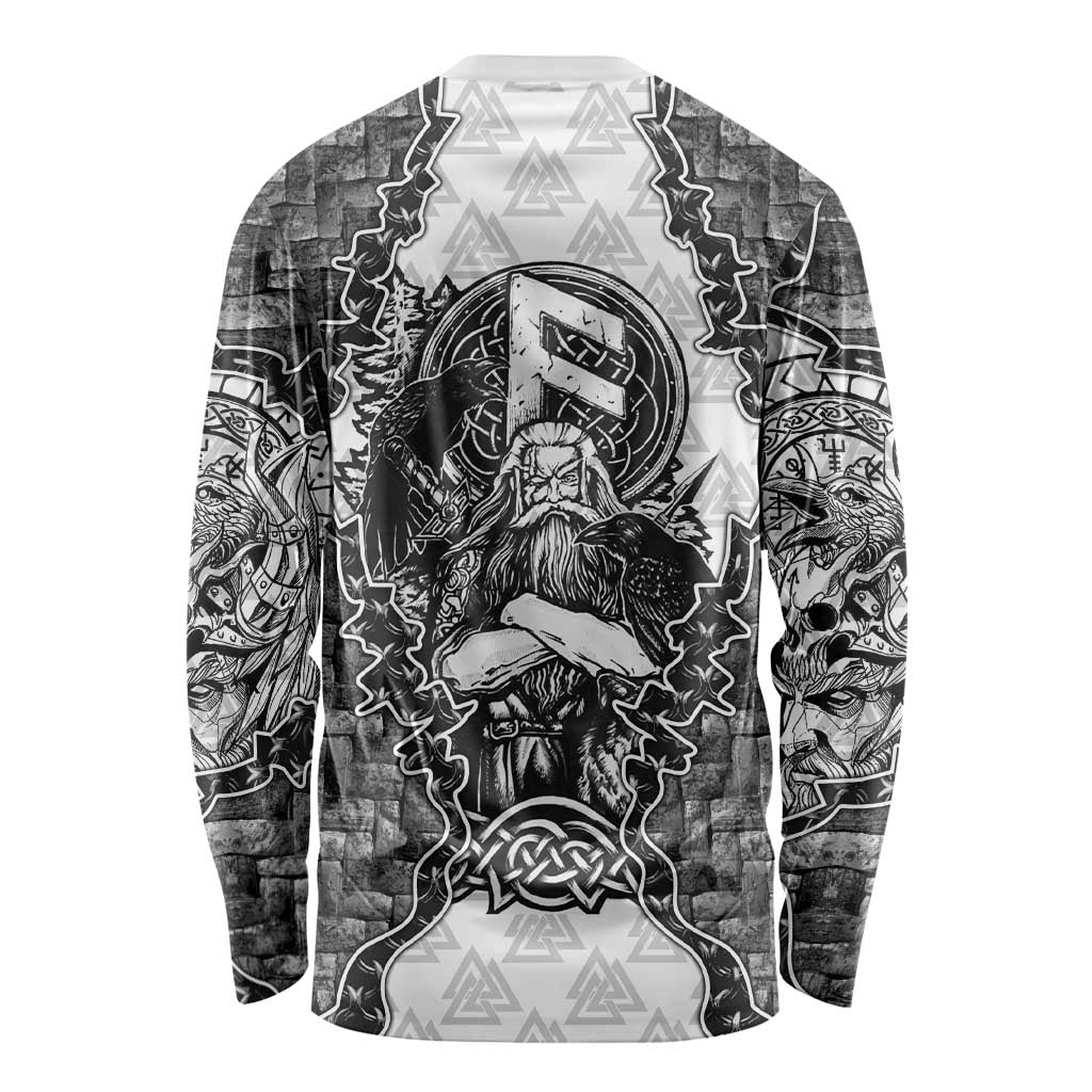Odin and Skull Warrior Norse Mythology Long Sleeve Shirt Viking Black and White Engraved Stone Art