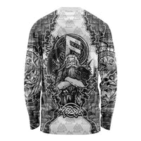 Odin and Skull Warrior Norse Mythology Long Sleeve Shirt Viking Black and White Engraved Stone Art