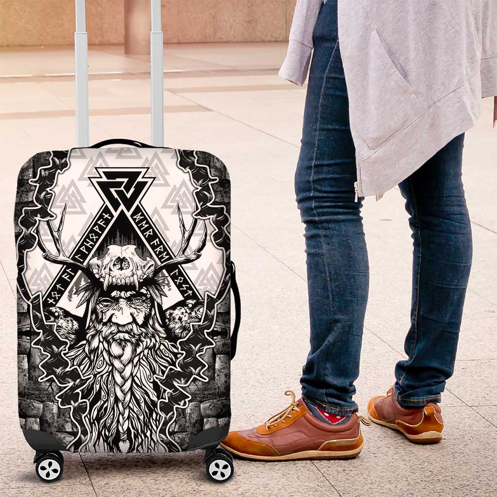 Odin and Skull Warrior Norse Mythology Luggage Cover Viking Black and White Engraved Stone Art