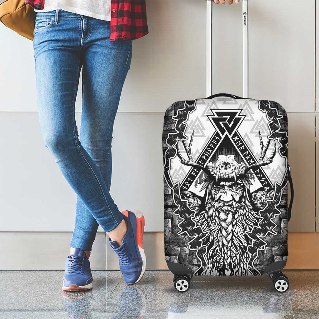 Odin and Skull Warrior Norse Mythology Luggage Cover Viking Black and White Engraved Stone Art
