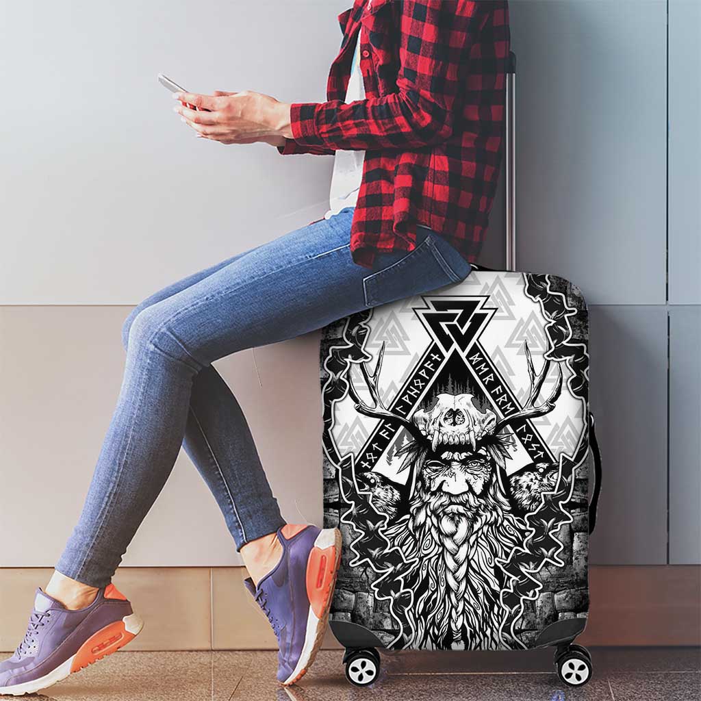 Odin and Skull Warrior Norse Mythology Luggage Cover Viking Black and White Engraved Stone Art