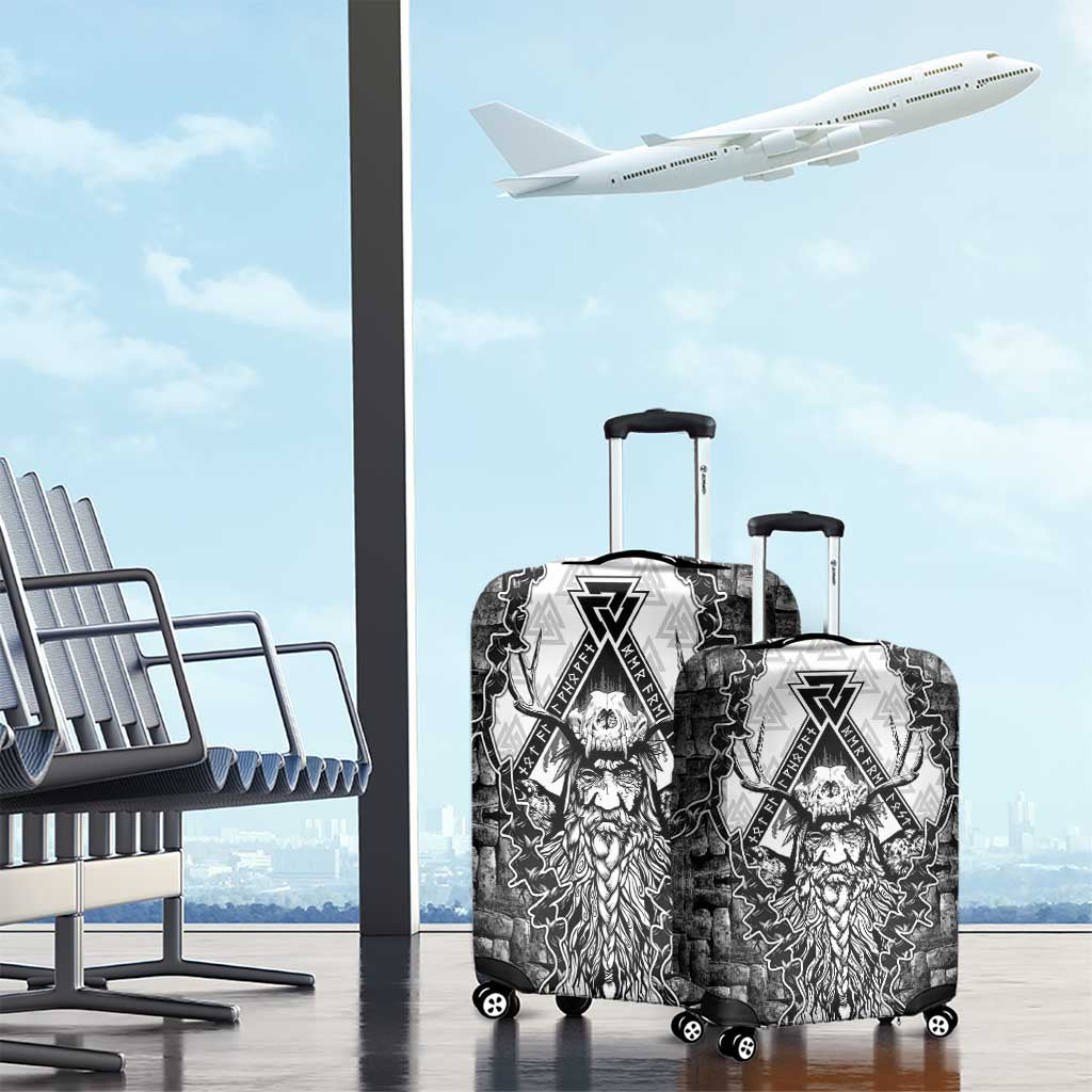 Odin and Skull Warrior Norse Mythology Luggage Cover Viking Black and White Engraved Stone Art