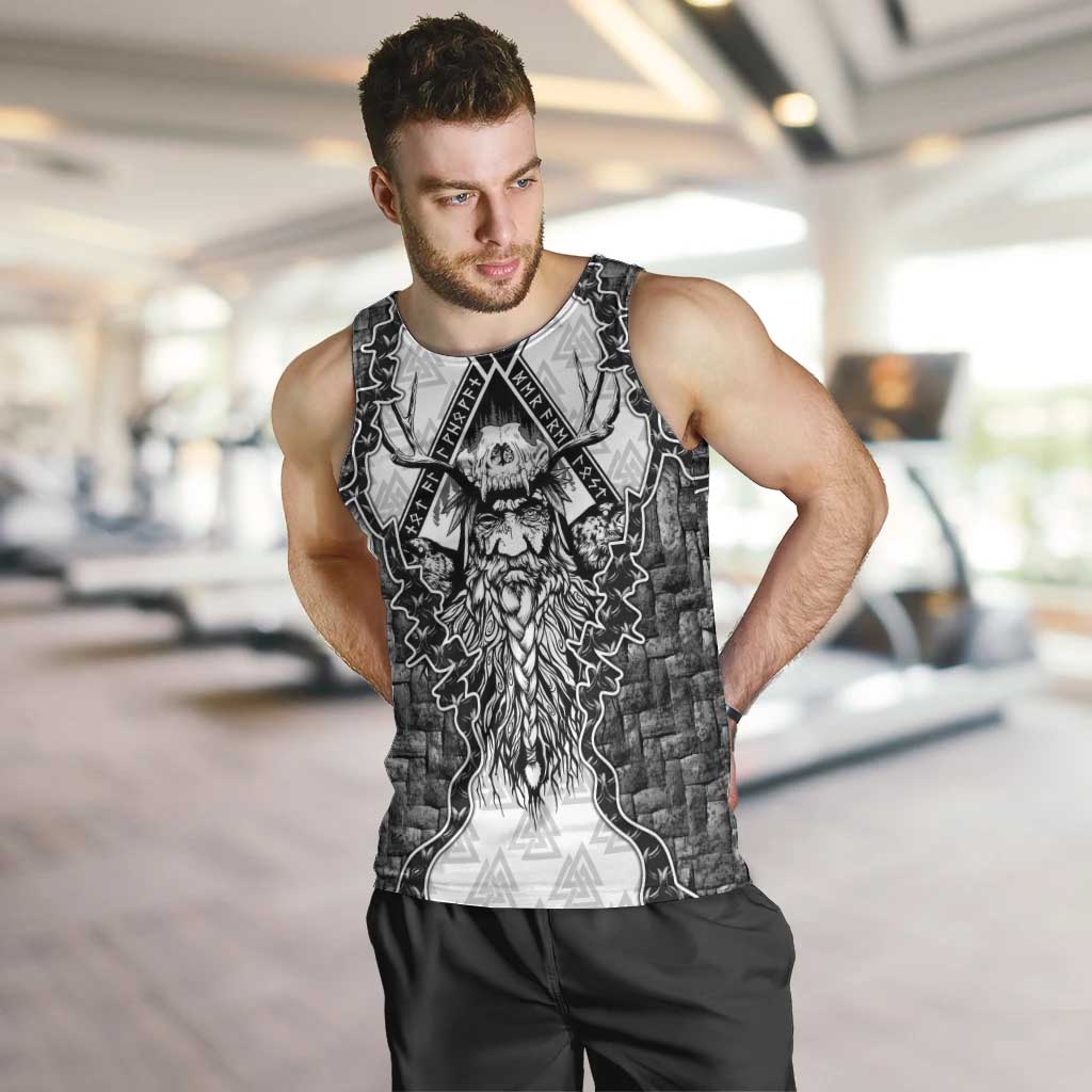 Odin and Skull Warrior Norse Mythology Men Tank Top Viking Black and White Engraved Stone Art