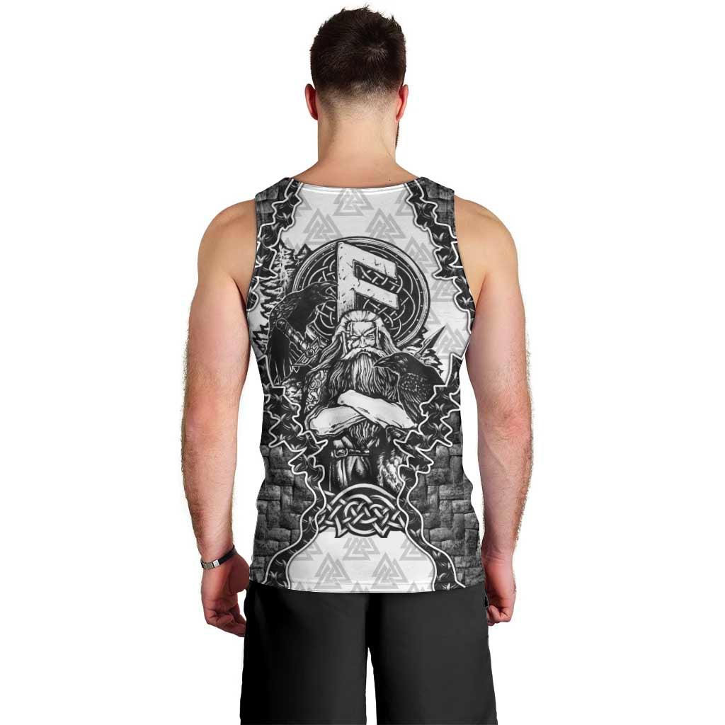 Odin and Skull Warrior Norse Mythology Men Tank Top Viking Black and White Engraved Stone Art