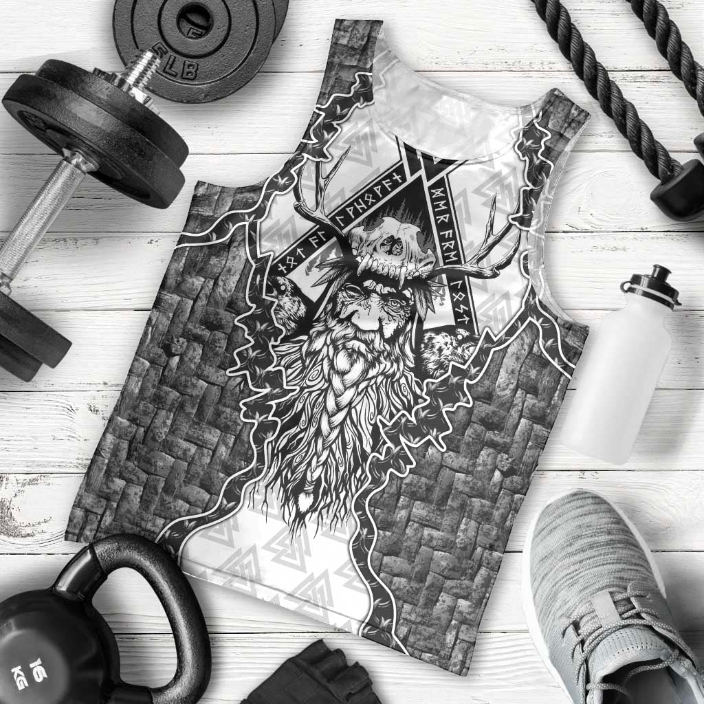 Odin and Skull Warrior Norse Mythology Men Tank Top Viking Black and White Engraved Stone Art