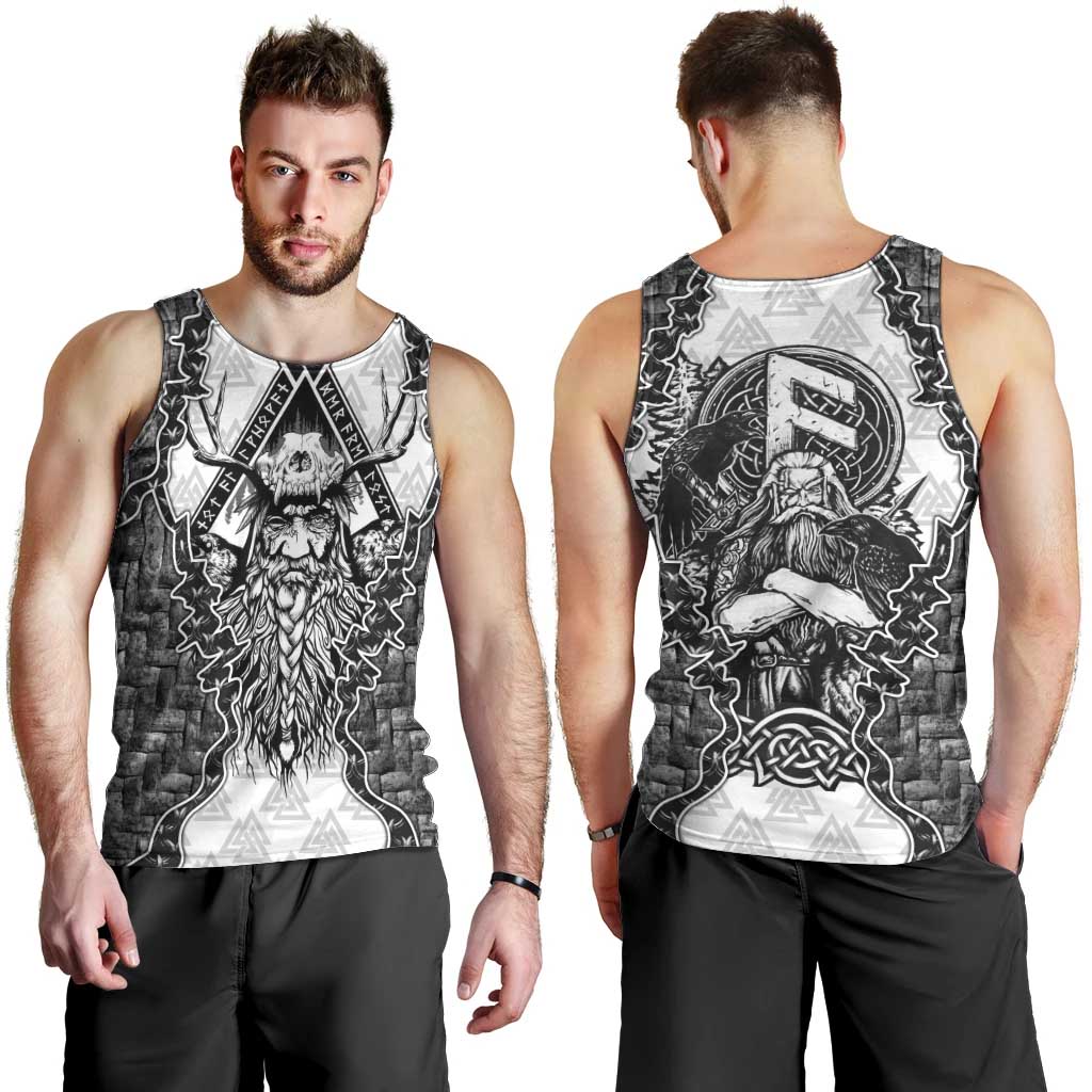 Odin and Skull Warrior Norse Mythology Men Tank Top Viking Black and White Engraved Stone Art