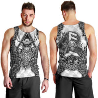 Odin and Skull Warrior Norse Mythology Men Tank Top Viking Black and White Engraved Stone Art
