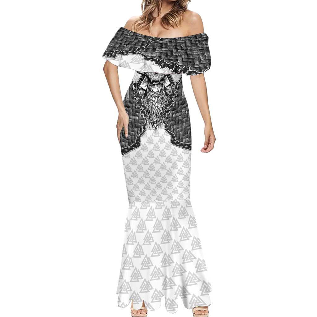 Odin and Skull Warrior Norse Mythology Mermaid Dress Viking Black and White Engraved Stone Art