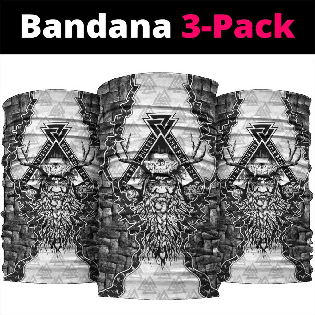 Odin and Skull Warrior Norse Mythology Neck Gaiter Viking Black and White Engraved Stone Art