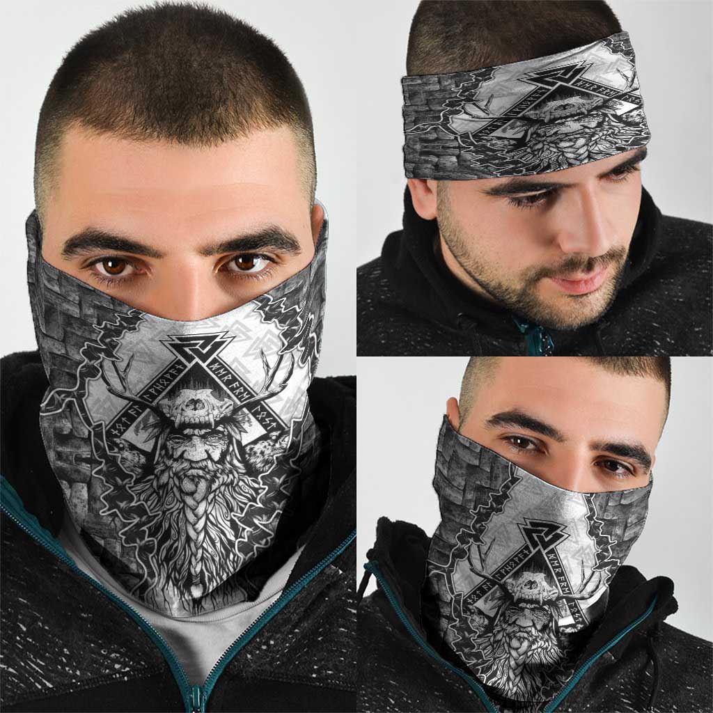 Odin and Skull Warrior Norse Mythology Neck Gaiter Viking Black and White Engraved Stone Art