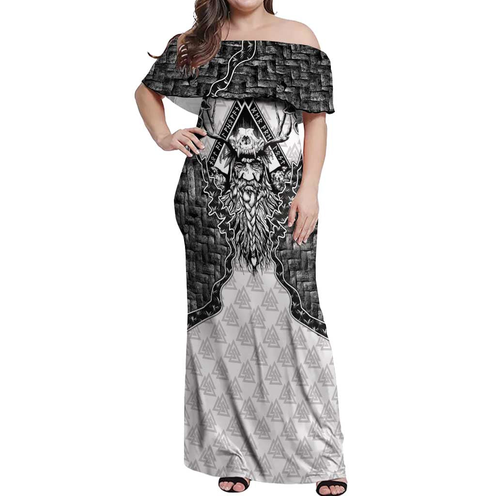 Odin and Skull Warrior Norse Mythology Off Shoulder Maxi Dress Viking Black  and White Engraved Stone Art
