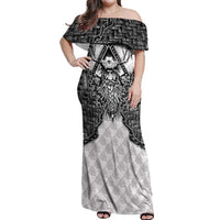 Odin and Skull Warrior Norse Mythology Off Shoulder Maxi Dress Viking Black and White Engraved Stone Art
