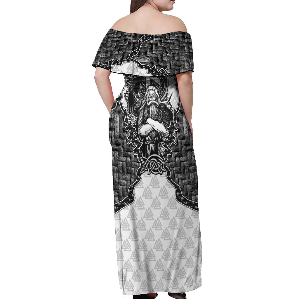 Odin and Skull Warrior Norse Mythology Off Shoulder Maxi Dress Viking Black and White Engraved Stone Art