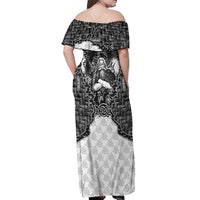 Odin and Skull Warrior Norse Mythology Off Shoulder Maxi Dress Viking Black and White Engraved Stone Art