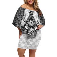 Odin and Skull Warrior Norse Mythology Off Shoulder Short Dress Viking Black and White Engraved Stone Art