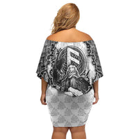 Odin and Skull Warrior Norse Mythology Off Shoulder Short Dress Viking Black and White Engraved Stone Art