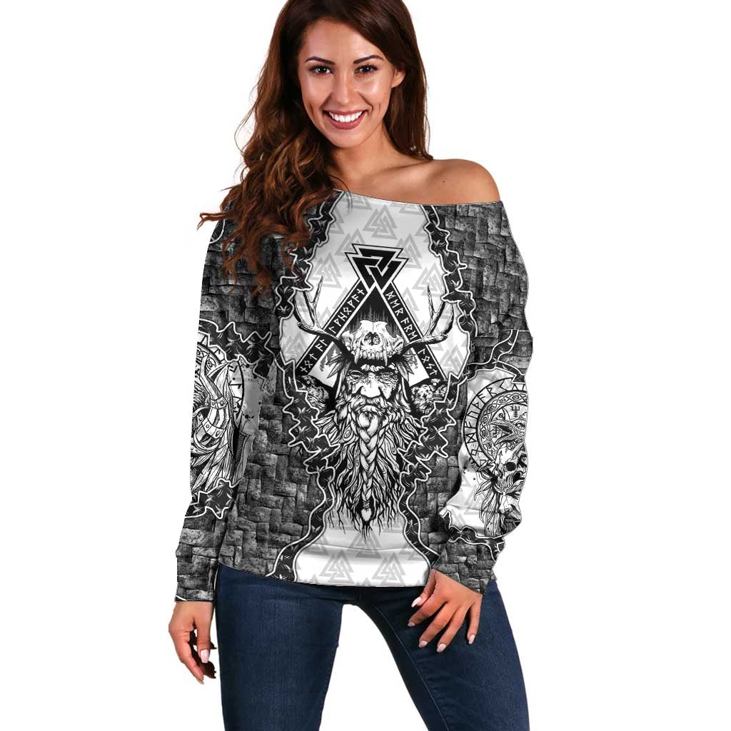 Odin and Skull Warrior Norse Mythology Off Shoulder Sweater Viking Black and White Engraved Stone Art
