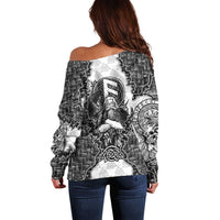 Odin and Skull Warrior Norse Mythology Off Shoulder Sweater Viking Black and White Engraved Stone Art