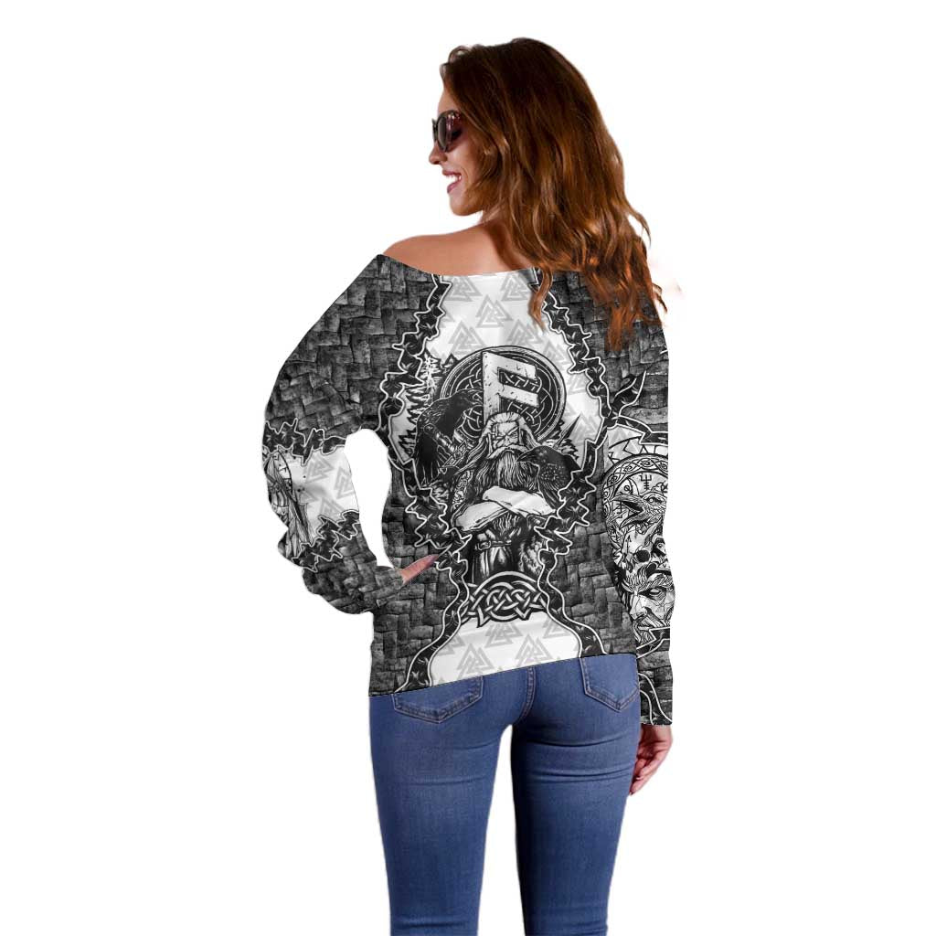 Odin and Skull Warrior Norse Mythology Off Shoulder Sweater Viking Black and White Engraved Stone Art