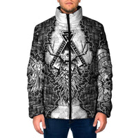Odin and Skull Warrior Norse Mythology Padded Jacket Viking Black and White Engraved Stone Art