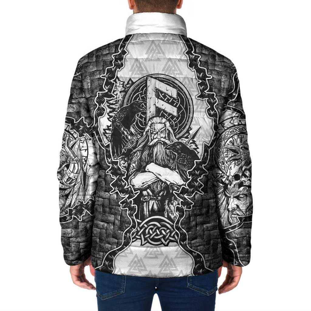 Odin and Skull Warrior Norse Mythology Padded Jacket Viking Black and White Engraved Stone Art