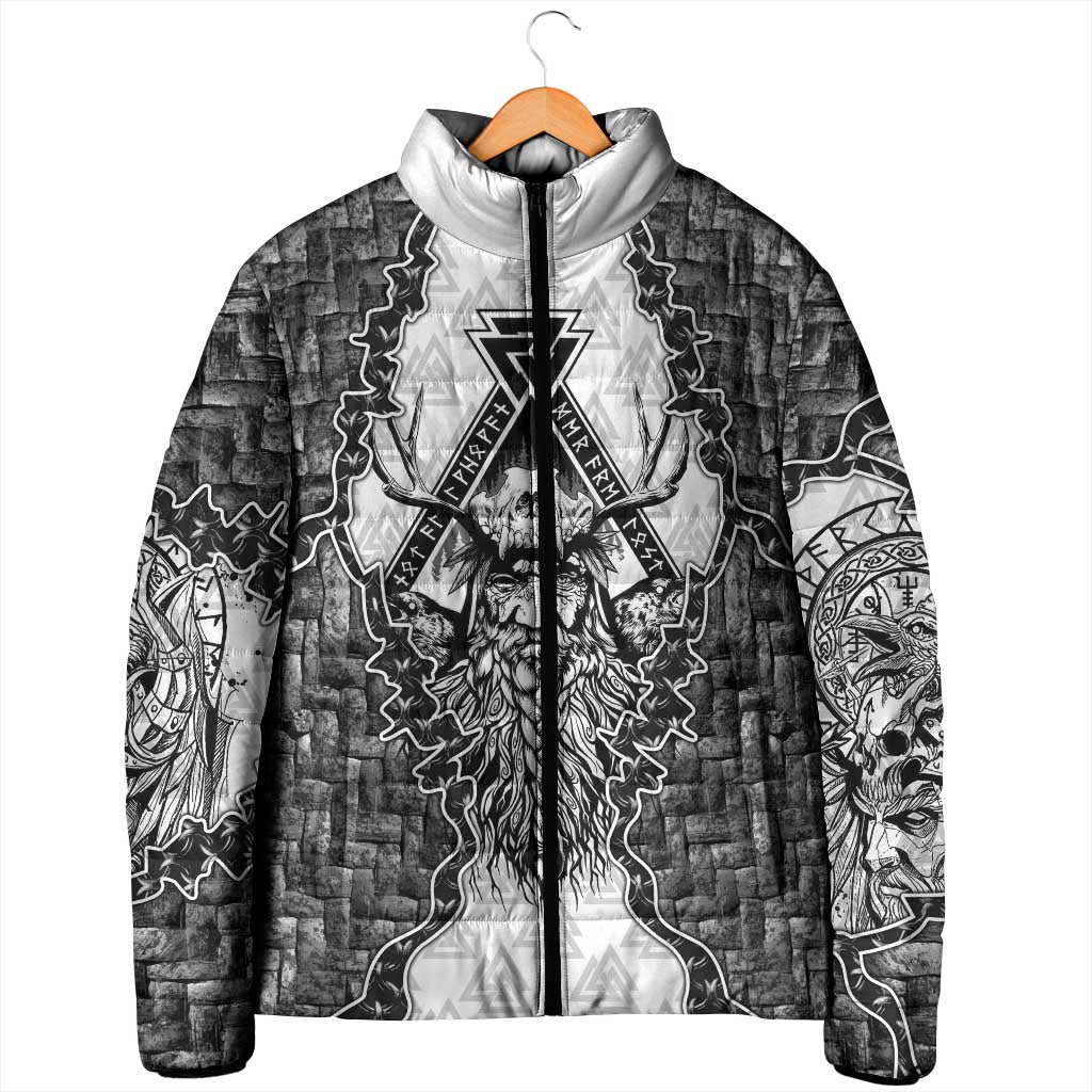 Odin and Skull Warrior Norse Mythology Padded Jacket Viking Black and White Engraved Stone Art