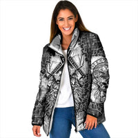 Odin and Skull Warrior Norse Mythology Padded Jacket Viking Black and White Engraved Stone Art