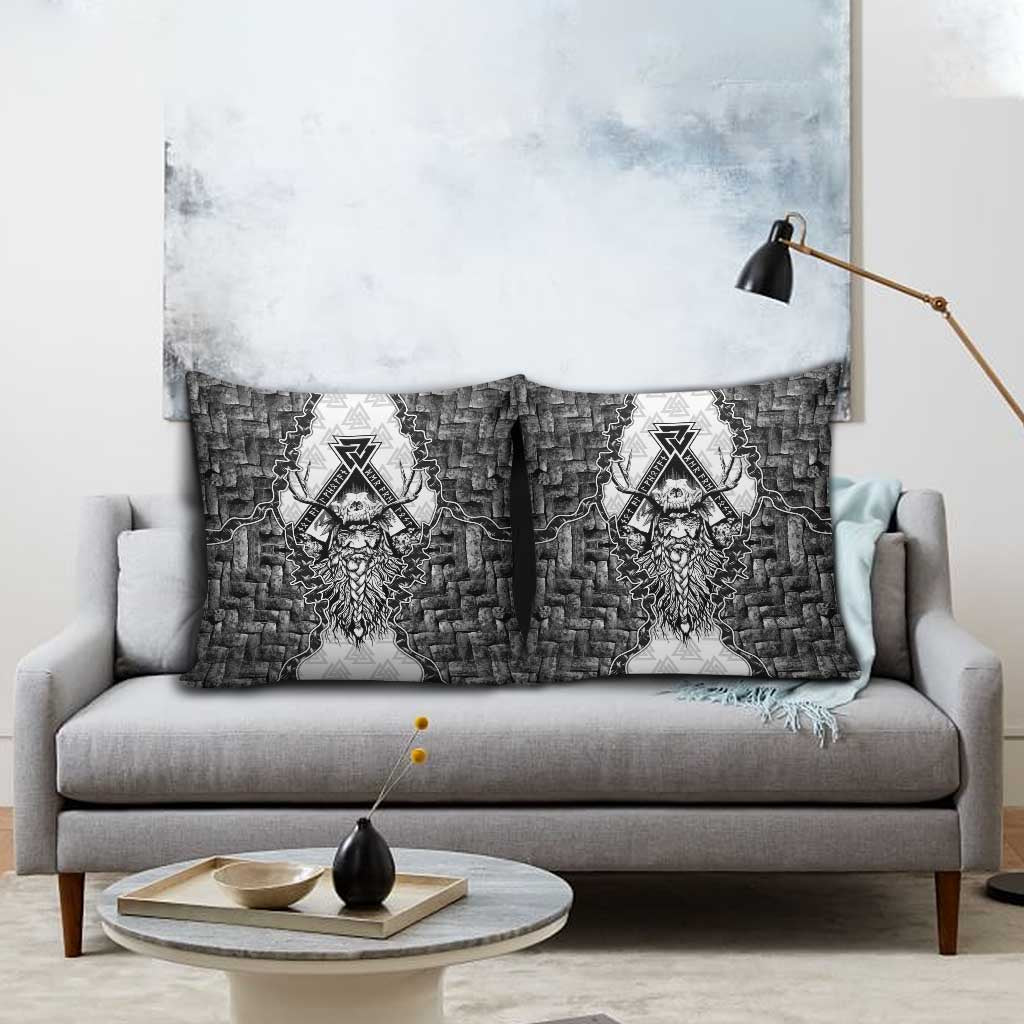 Odin and Skull Warrior Norse Mythology Pillow Cover Viking Black and White Engraved Stone Art