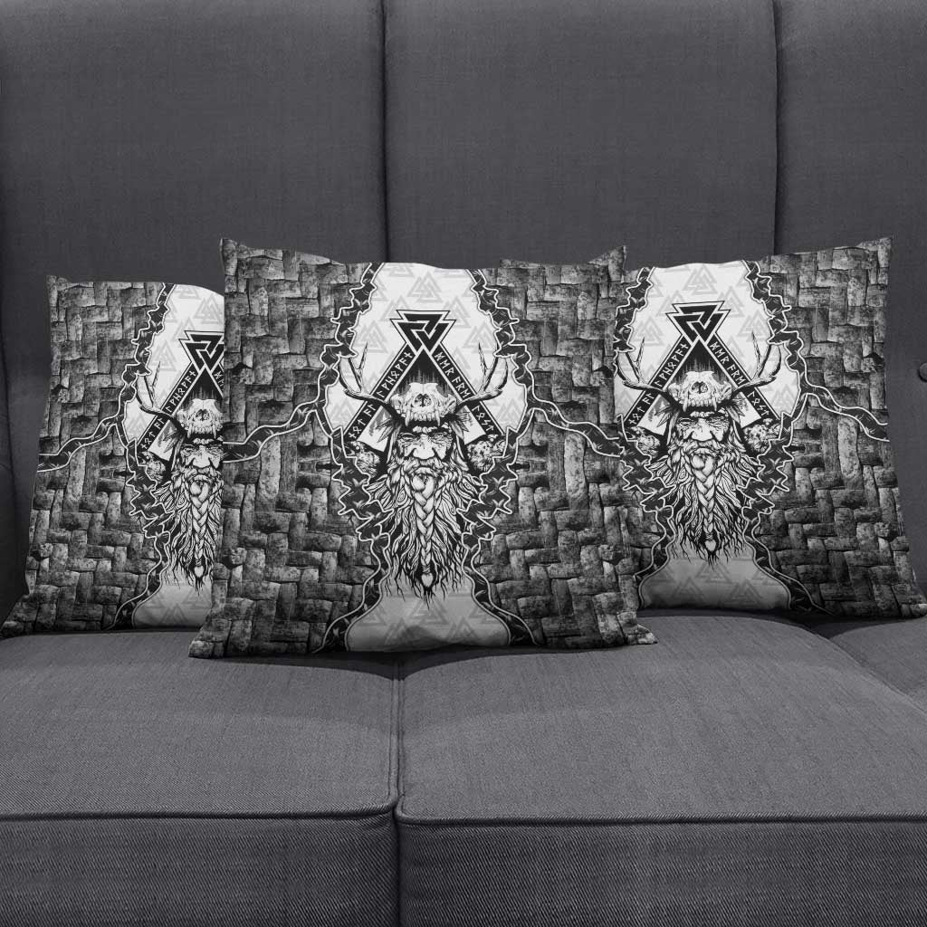 Odin and Skull Warrior Norse Mythology Pillow Cover Viking Black and White Engraved Stone Art