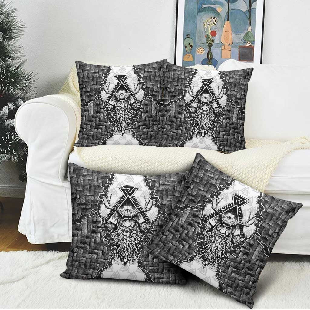 Odin and Skull Warrior Norse Mythology Pillow Cover Viking Black and White Engraved Stone Art