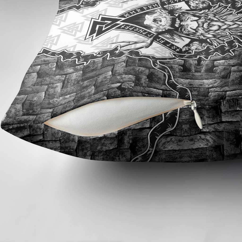 Odin and Skull Warrior Norse Mythology Pillow Cover Viking Black and White Engraved Stone Art
