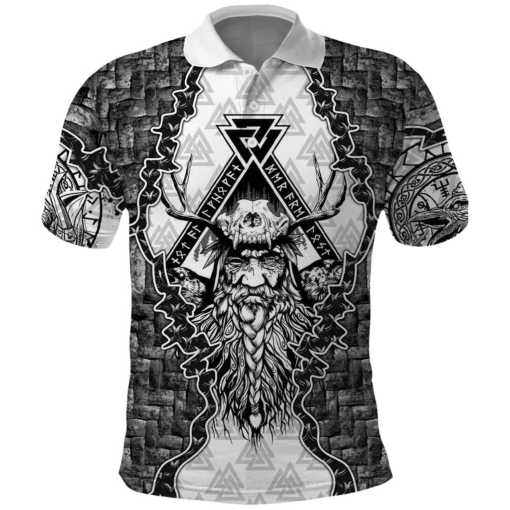 Odin and Skull Warrior Norse Mythology Polo Shirt Viking Black and White Engraved Stone Art