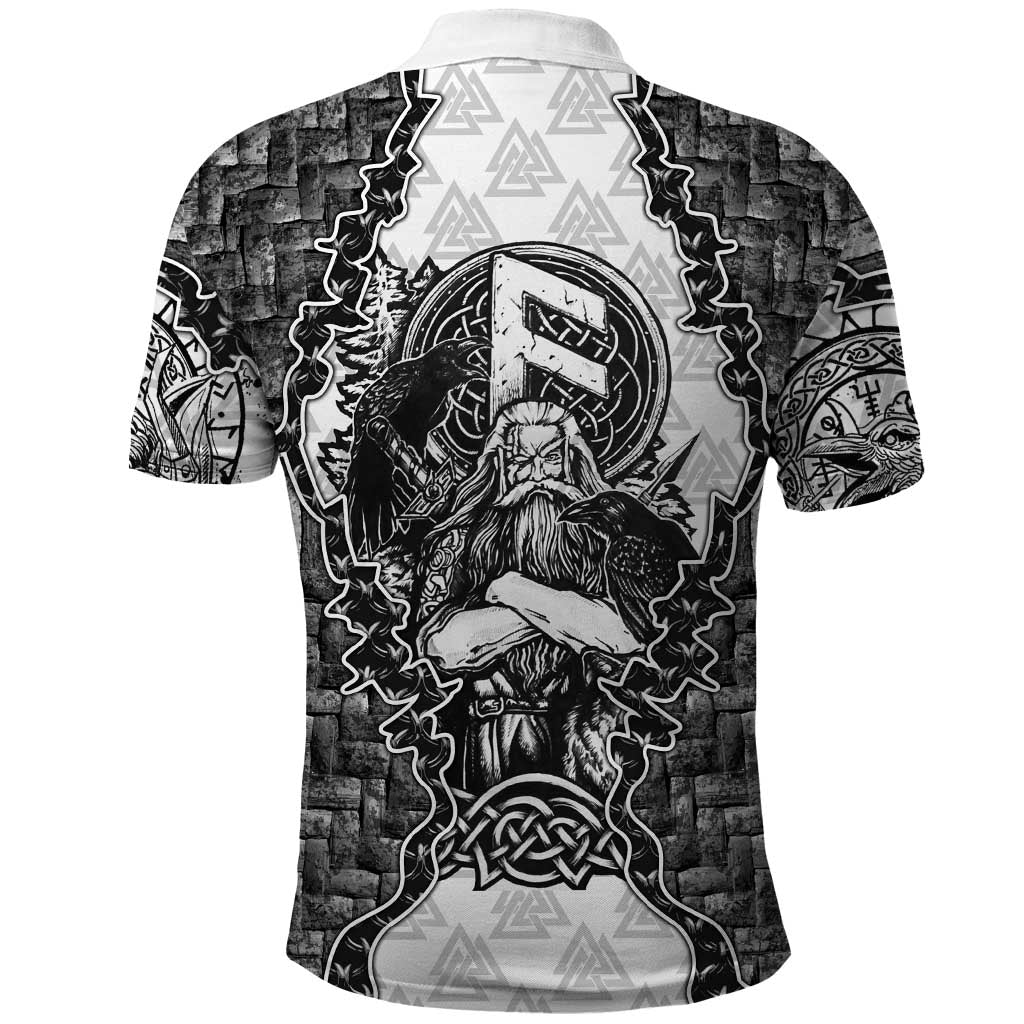 Odin and Skull Warrior Norse Mythology Polo Shirt Viking Black and White Engraved Stone Art