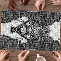 Odin and Skull Warrior Norse Mythology Puzzle Viking Black and White Engraved Stone Art
